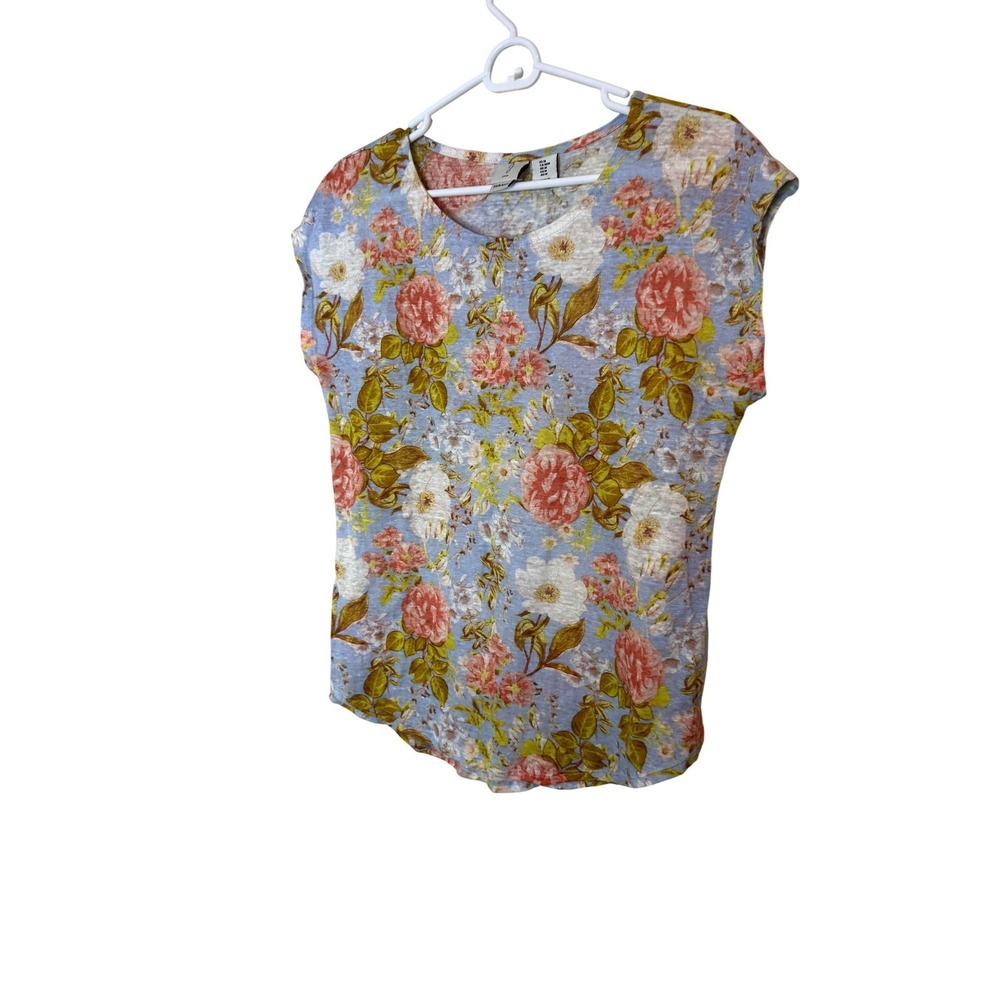 Joie Shirt Womens Medium Multicolor Floral 100% Linen Scoop Neck Cap Sleeve Top